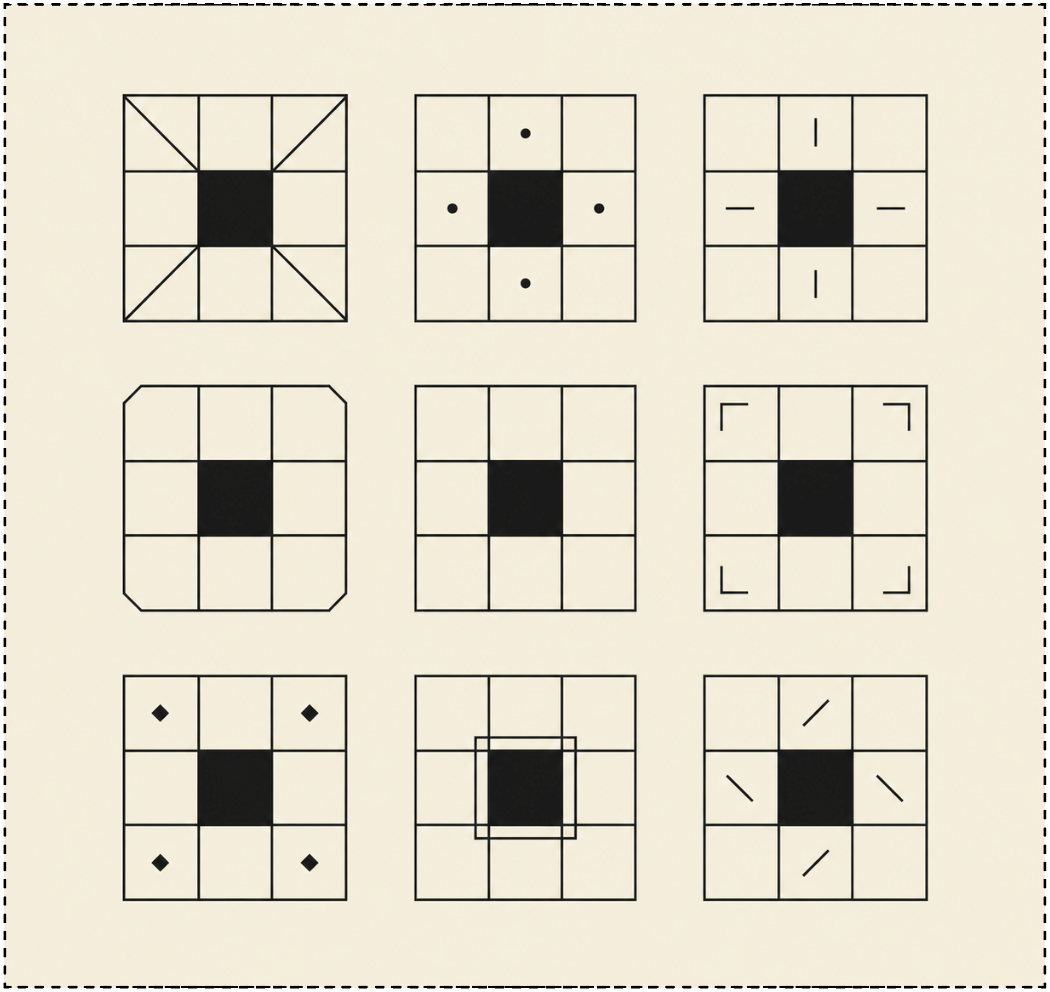 Nine three by three grids, each with a filled centre square marked a different way, standing for the 81 worlds of the 9x9 ecosystem.