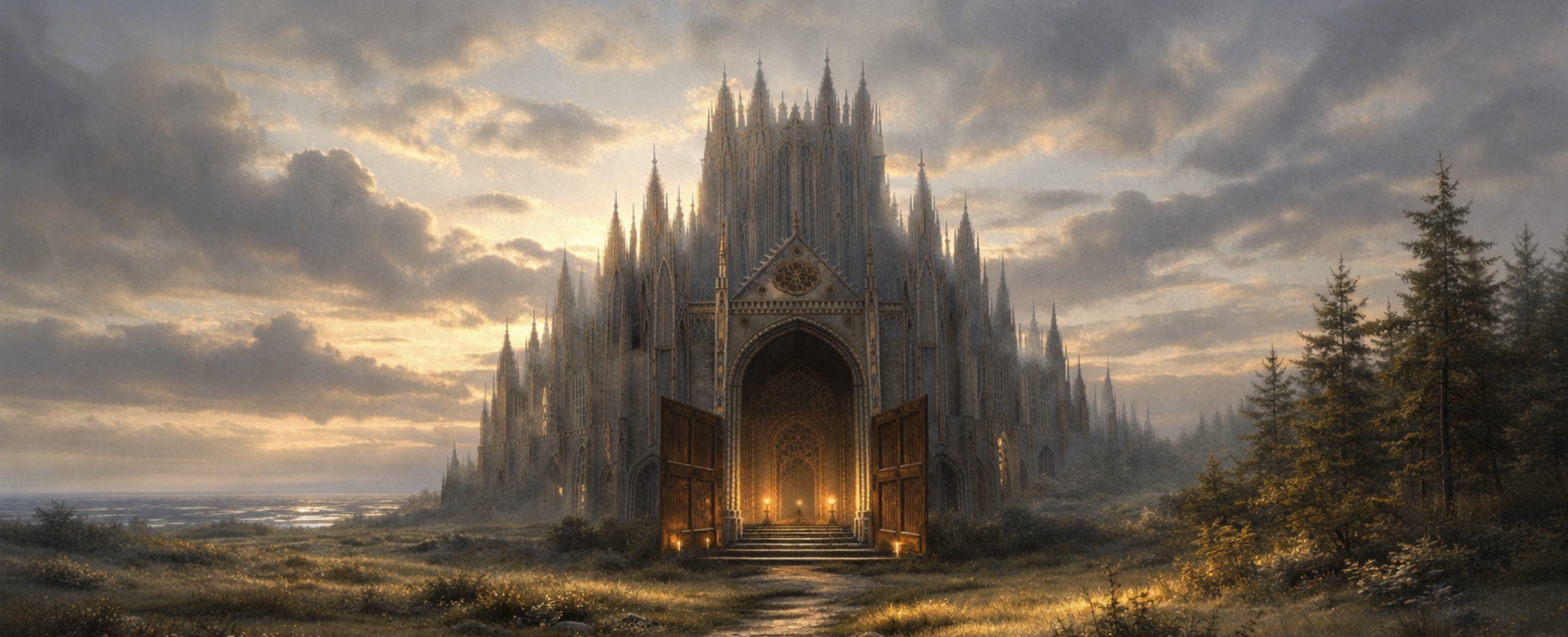 A luminous cathedral-like structure at dusk with its doors open to a glowing entrance.