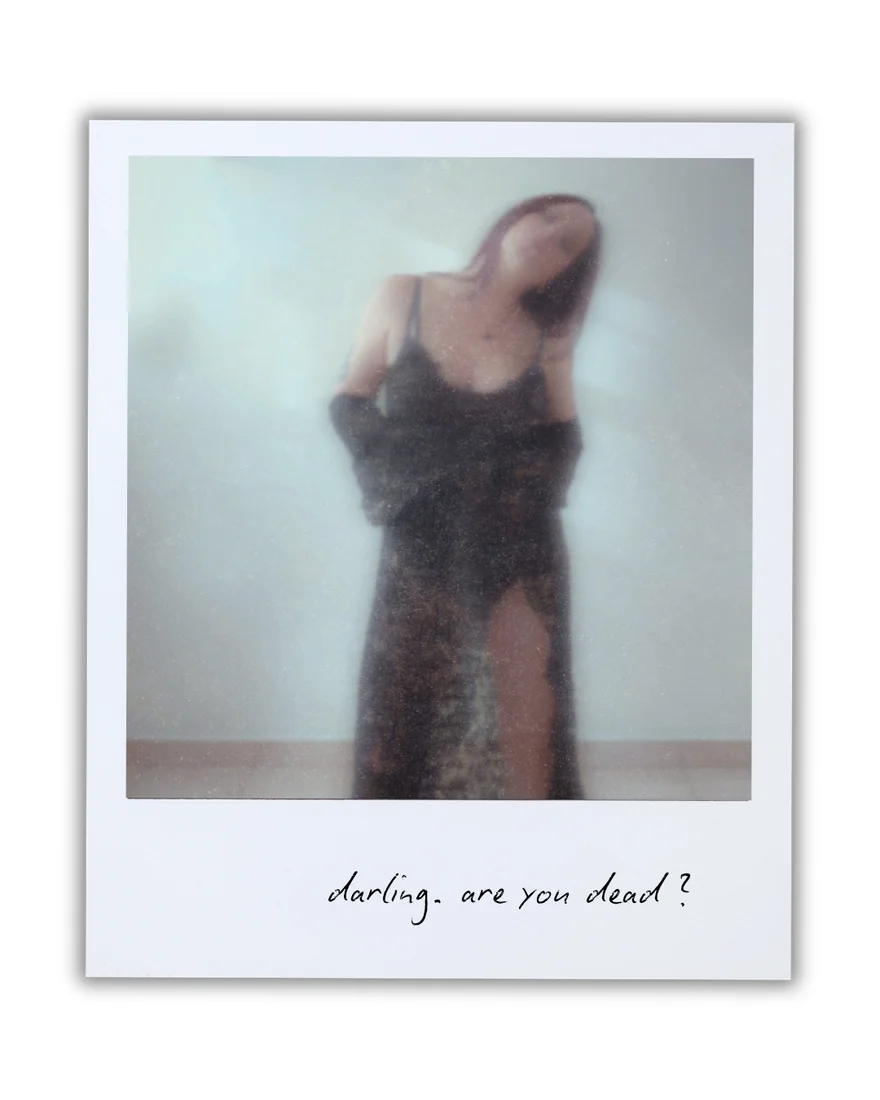 Un portrait de style Polaroid portant la légende « darling, are you dead? ».
