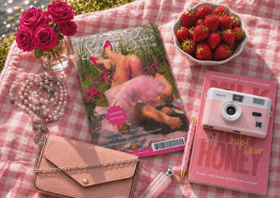 Le magazine Like a Girl entouré de roses, de fraises et d’accessoires roses.