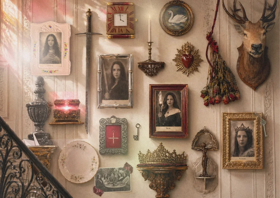 Un mur de portraits symboliques, de cadres anciens et d’objets précieux.