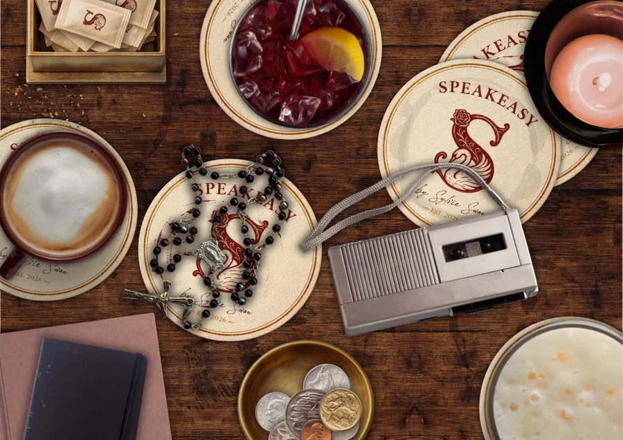 Une table du Speakeasy avec des boissons, un chapelet et un magnétophone à cassette.