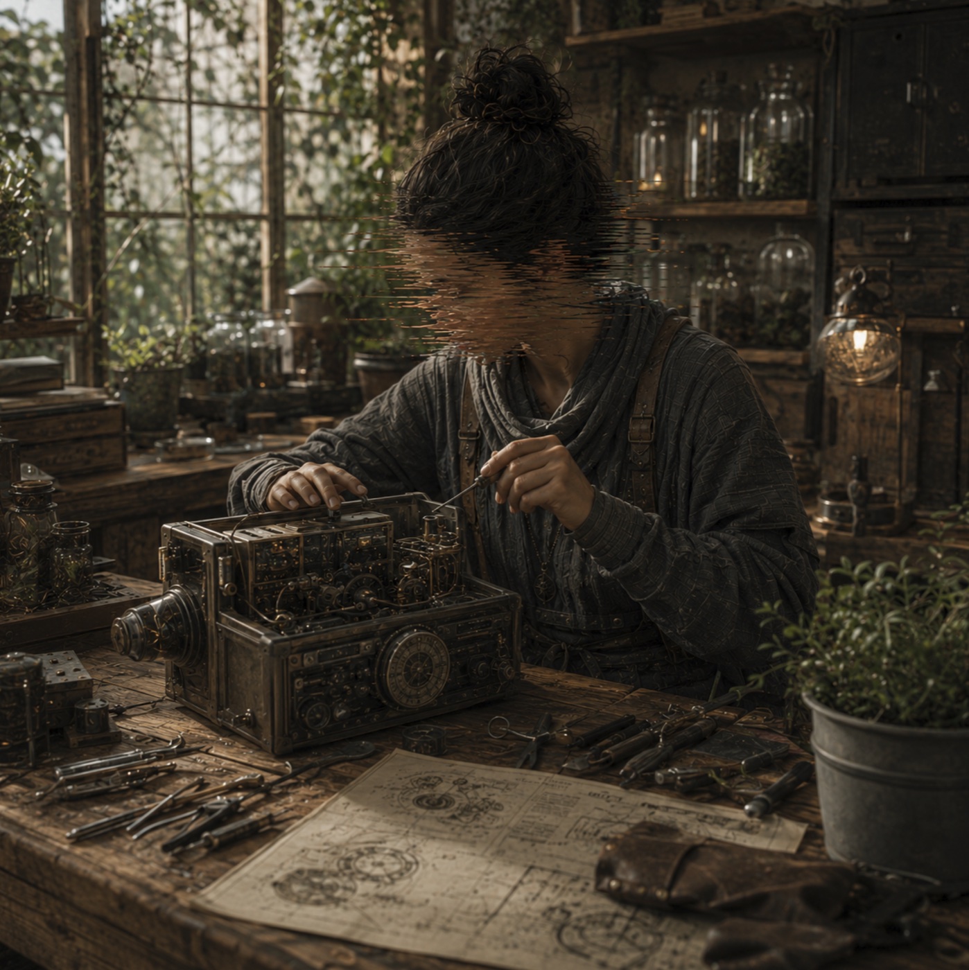 A Station researcher building a detailed mechanical device in a botanical workshop.