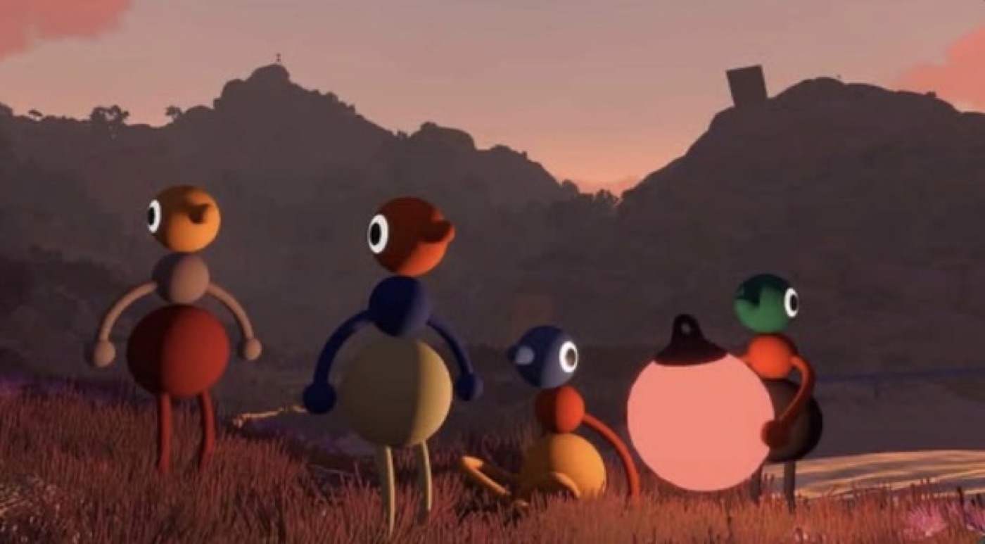 Small digital world characters gathered in a twilight landscape.